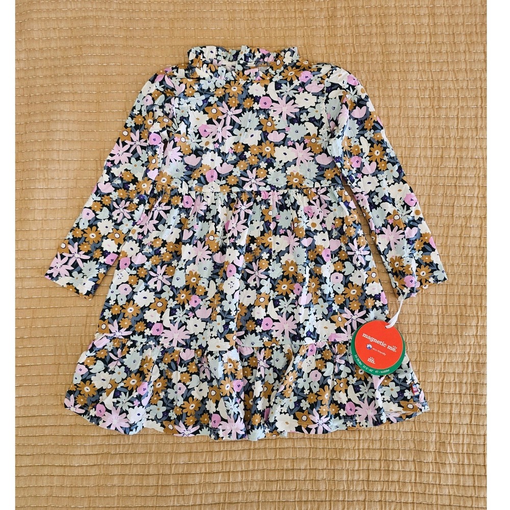 Magnetic Me Finchley 4T Toddler Neck Ruffle Long Sleeve Dress Floral‎ Modal NWT
